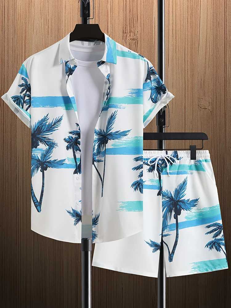Coconut Tree Print Mens Short Sleeve Shirt And Beach Shorts Set Summer Everyday Mens Casual Shirt Hawaiian Style Mens Shorts W250609