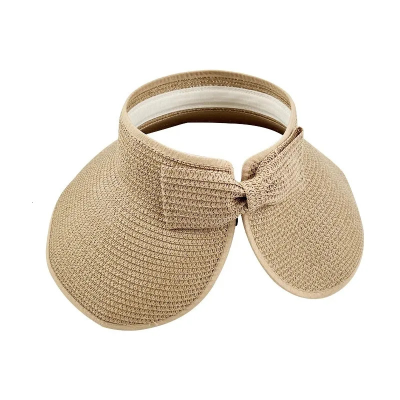 Women Summer Visors Hat Foldable Wide Large Brim Bowknot Empty Top Straw Hats Femme Beach UV Protection Caps 250603