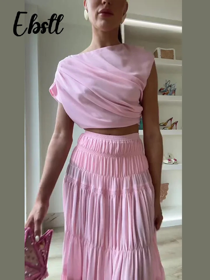 Solid Pleated Crop Top Skirts Suit Womens Elegant Pink Sleeveless Tops Elastic Waist Long Skirt 2025 Summer Ladies Outfit 250605