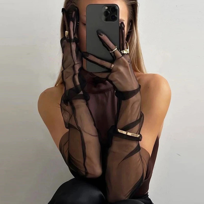 Wedding Bride Gloves Fashion Long Sheer Tulle Gloves Ultra Thin Stretchy Full Finger Mittens Mesh Elbow Halloween Accessory 250603