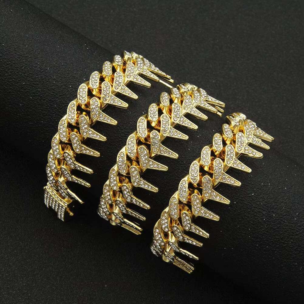 Hot Sale Hip-Hop Style Bold Full Diamond Geometric Cuban Alloy Necklace Bracelet Set