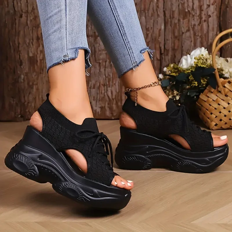 Summer Fashion Comfortable Round-toe Wedge Light Roman Sandals Non-slip Thick-soled Lace-up Casual Sneakers for Women 250605