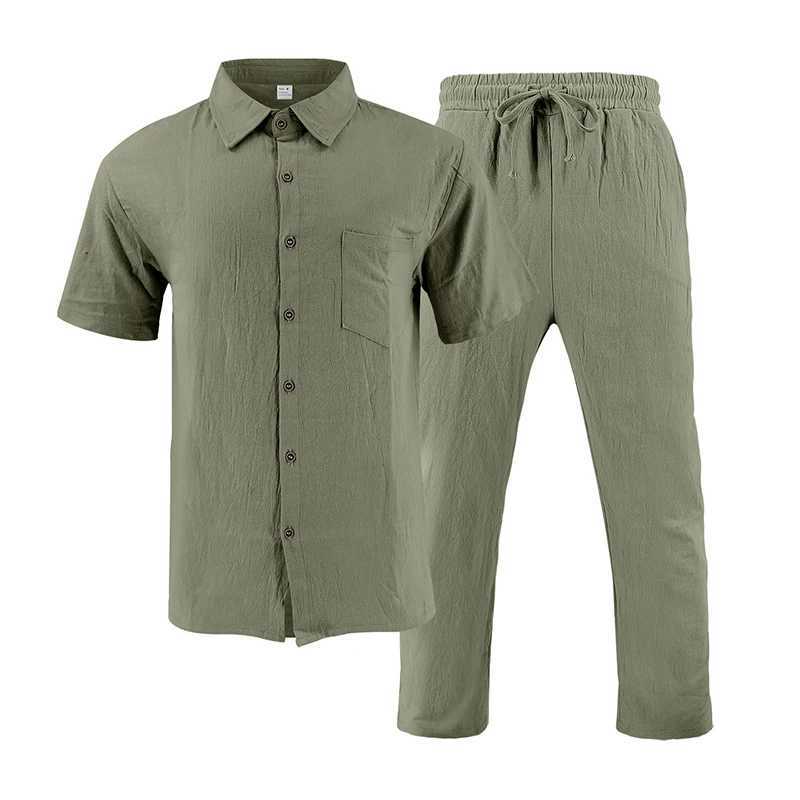 Summer New Casual Mens Linen Outfits Vacation Leisure Solid Color Two Piece Suits Men Fashion Short Sleeve Shirt And Pants Sets W250609