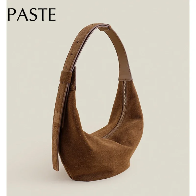New Autumn Winter Frosted Cowhide Hobo Tote Adjustable Handle Camel Coffee Color Genuine Suede Leather Women Armpit Shoulder Bag