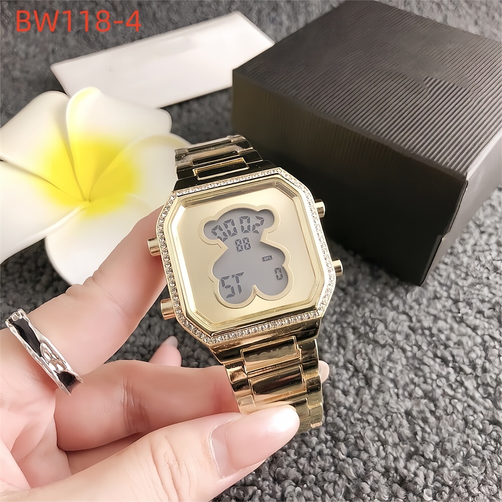 Hot Sale Fashion Women Men Silver Rose Pink Black Gold Stainless Steel Bear Square White Zircon Electronic Watch Leather Chain Pulsera Span Jewelry