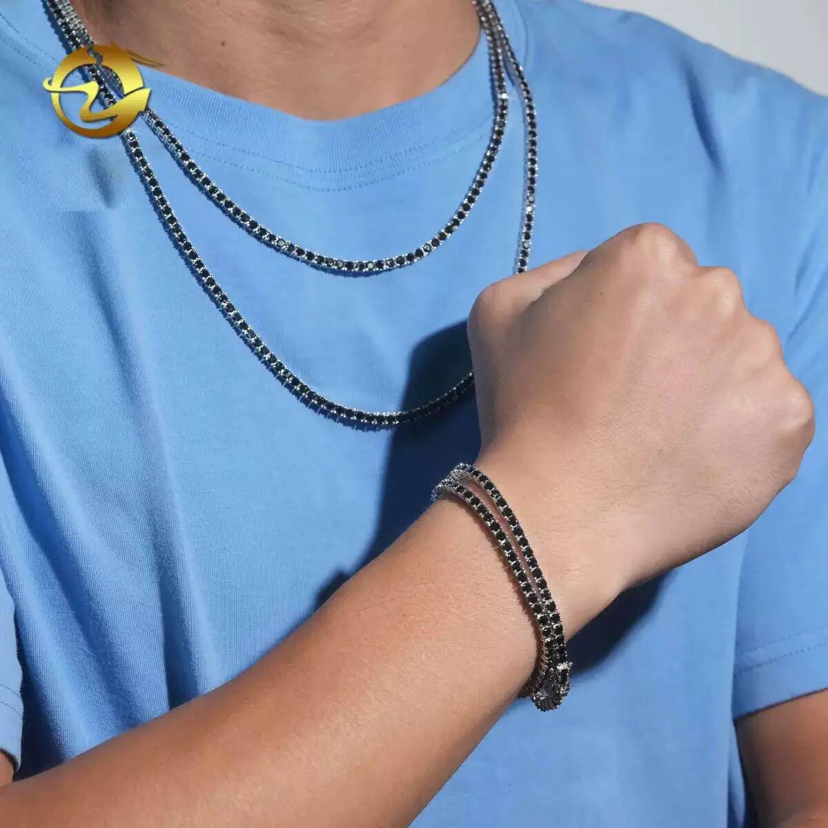 3mm Black Color Moissanite Tennis Chain Necklace Sterling Sier Hipjop Men Bling Dia Link Bracelet Necklaces Pass Test