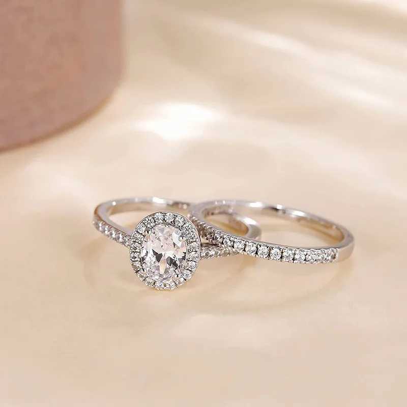 925 Sterling Silver AAA Crystal Cubic Zirconia 2Pcs Rings Set for Women Luxury Female Wedding Ring Jewelry Gifts XJ250606