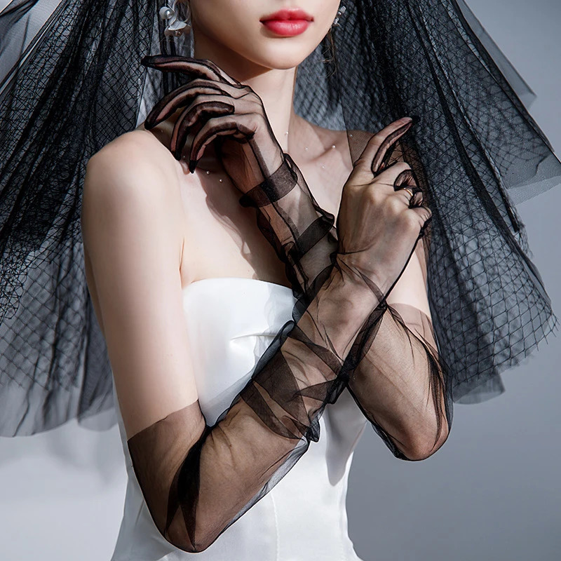 70cm Women Long Ultra Thin Gloves Tulle Elbow Wedding Party Bride Dress Mittens Sheer Transparent Vintage Black White Mesh Glove 250603