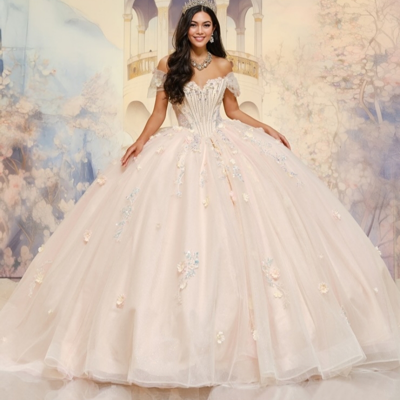 Champagne Shiny Quinceanera Dresses Ball Gown Off The Shoulder Applique Flower Beads Tull Sweet 16 Dress Vestidos 15 De Anos