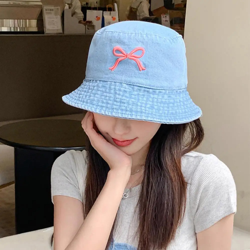 Summer Embroidery Bow Washed Denim Bucket Hat For Women Panama Hats Outdoor Fisherman Hat Beachside Sunscreen Visor Cap 250605