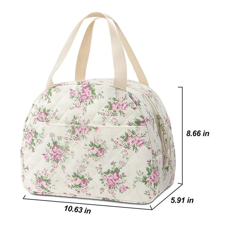 Quilted Lunch Bag Large Capacity Cute Lunch Box Bag Floral Printed Bento Bag Travel Picnic Camping Bag 250606