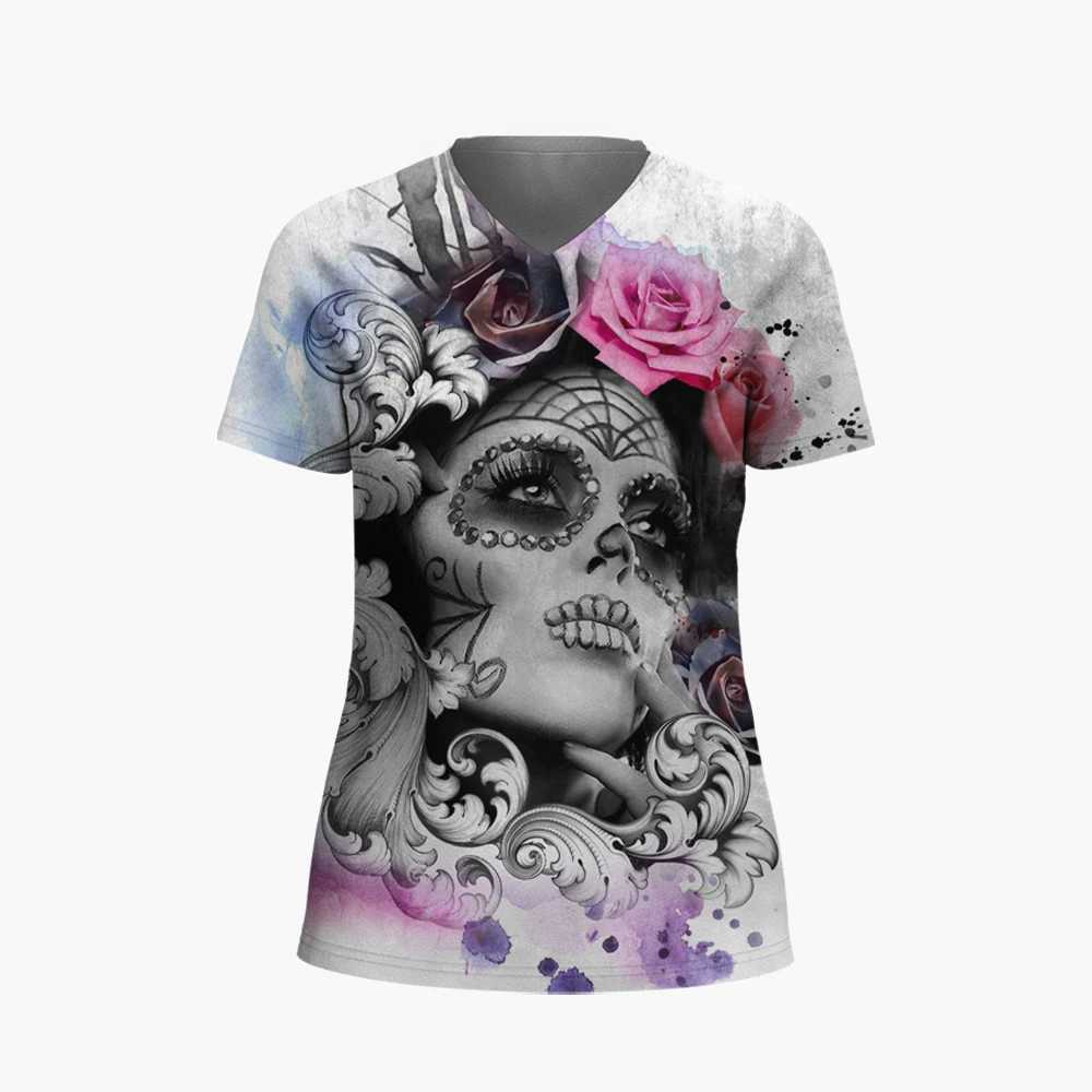 Skulls T-shirt Womens Shirt Fashion Short Sleeve New Casual Top Tee Ladies Girl Clothing V Neck T Shirt For Women W250607