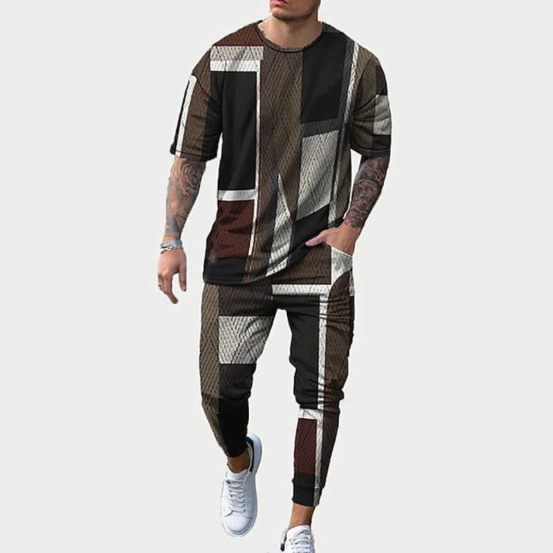 Mens T-shirt Long Pants Tracksuit Stripes Geometry 3D Print T Shirts Trousers Set 2 Pieces Streetwear Oversized Suit Sportswear W250609
