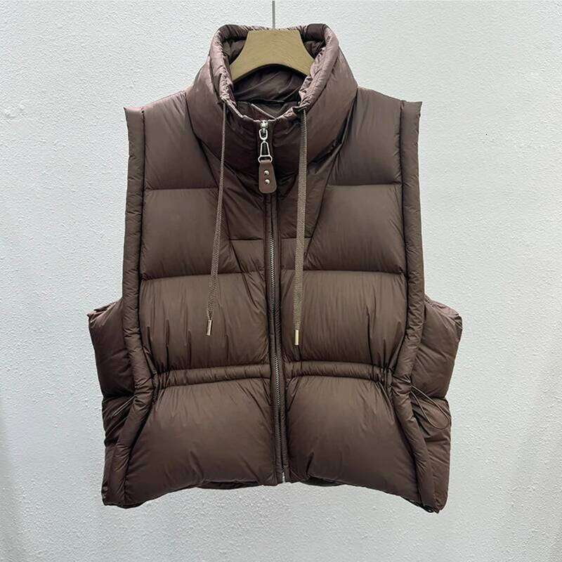 Janveny 2025 New Winter Drawstring Short White Duck Waistcoat Women Stand up Collar Loose Soft Puff Down Sleeveless Vest