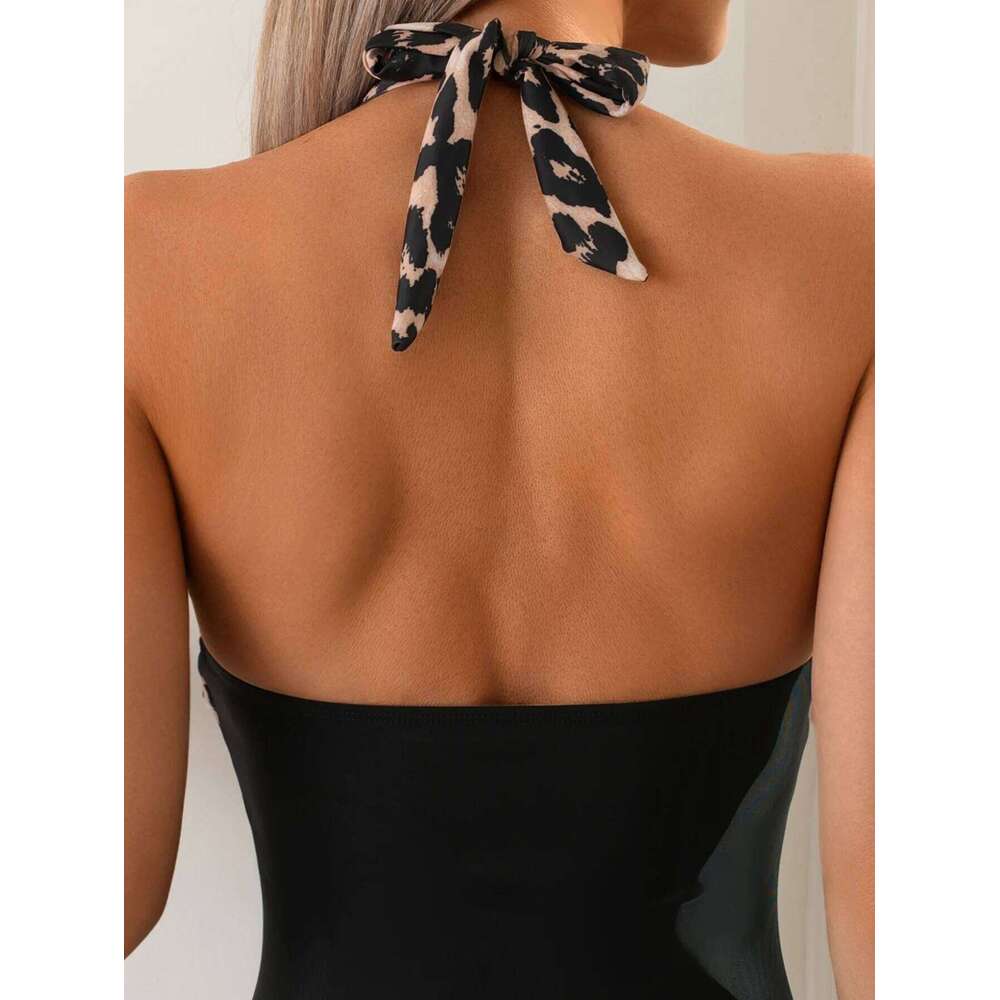 Sexy Black Leopard Print Swimwear Women Metal Ring Hollow Backless High Waist Bikini Beach Bathing Suit One Piece Swimsuit 2025