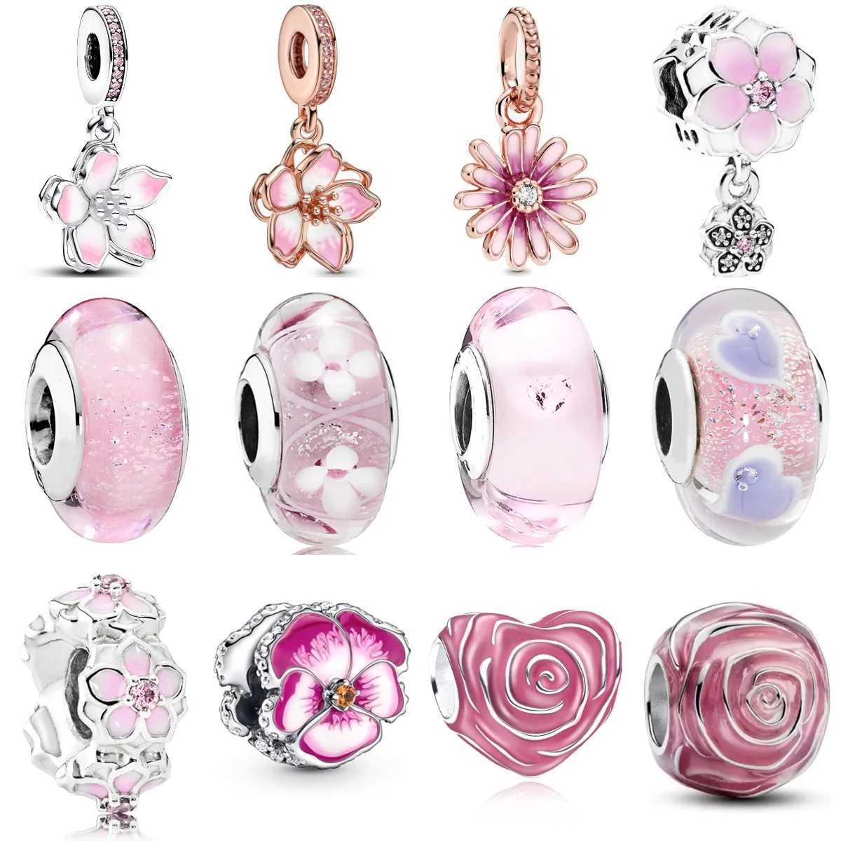 Hot Sale Pink Charms Heart Dangle Murano Charm Beads Flower Pendant DIY Jewelry Fit Original 925 Sterling Silver BraceletXJ250607
