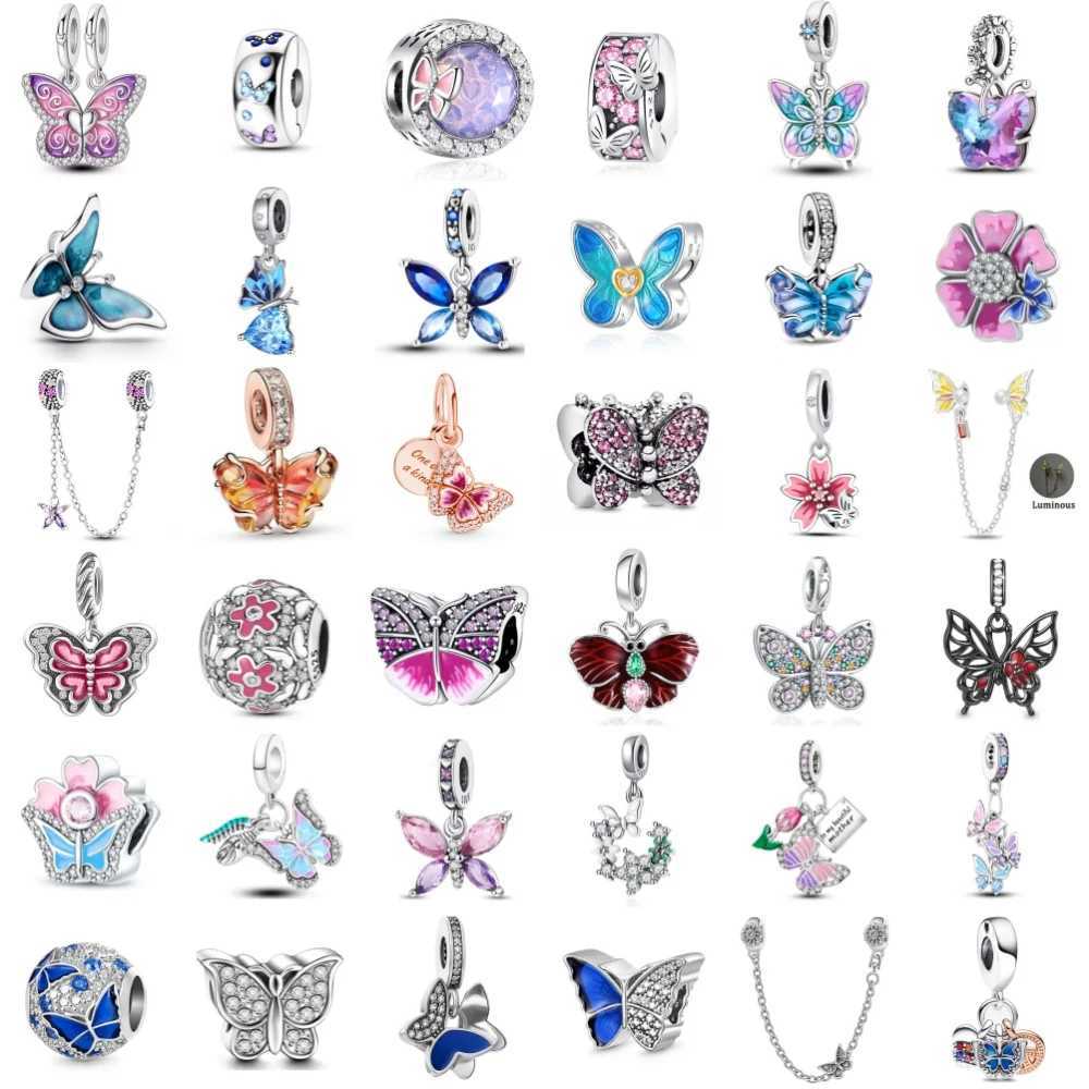 Blue Pink Butterfly Charms Clamp Beads safety chain 925 Silver Pendant Fit Original Bracelet Women DIY Accories Jewelry GiftXJ250607