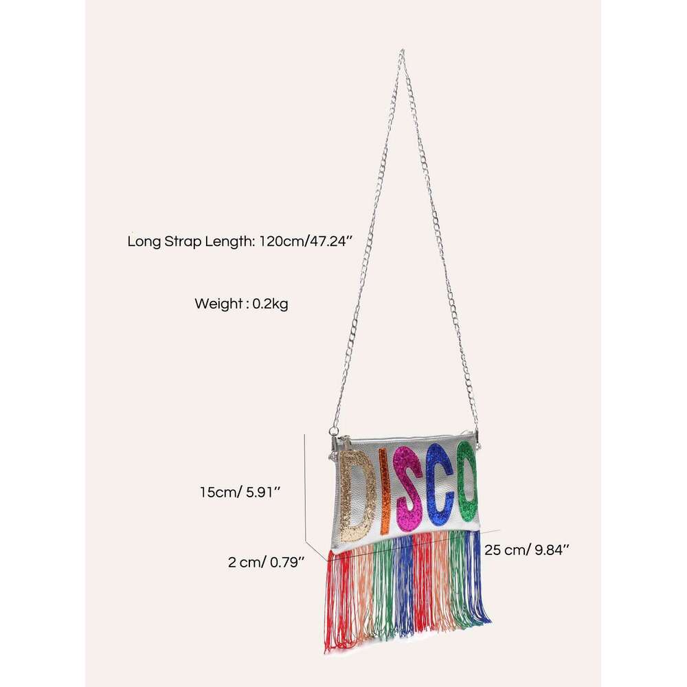 CR Metallic PU Leather Clutch Bag For Women Fashion Sequined Letters Colorful Fringe Square Long Chain Cross Body Handbag