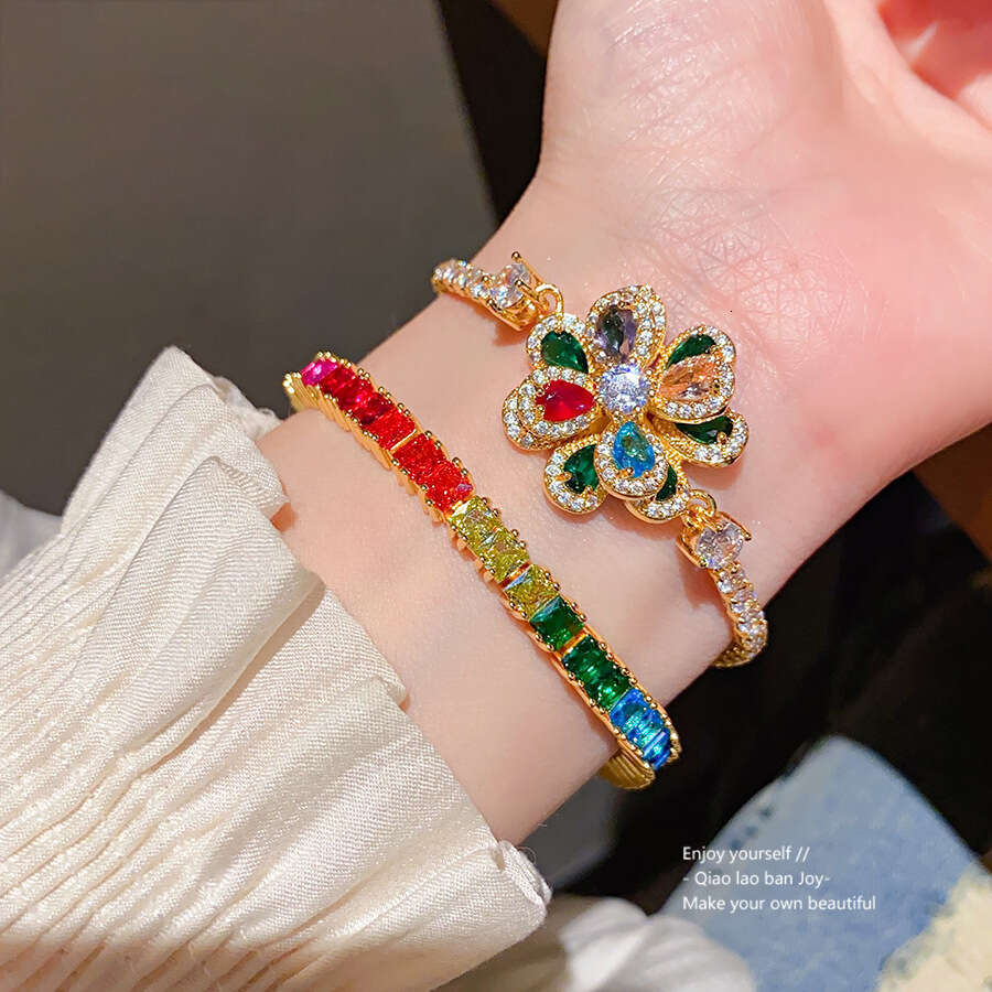 Real Gold Plated Zircon Flower Double Layer Color Light High-end Sense Bracelet Palace Style Fashion Jewelry