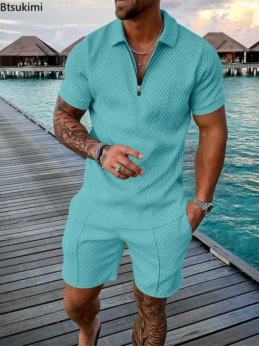 Plus Size 4XL 5XL Mens Casual Shorts Sets Summer Wear Polo Shirts +Shorts Zipper Front Sportswear Men Tracksuit Mens Clothing W250609
