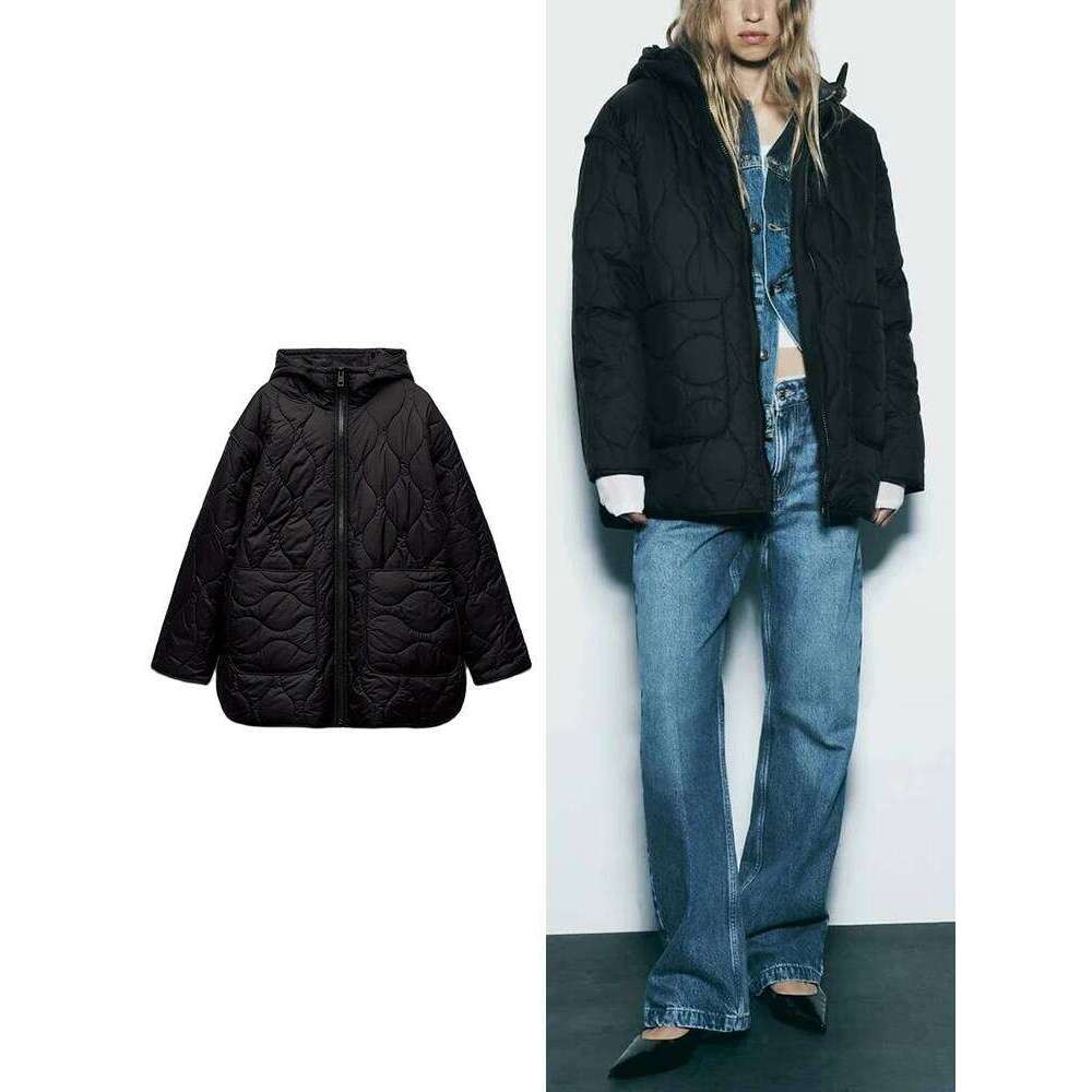 TRAF New Hooded Jacket Autumn and Winter Zipper Long Sleeve Warm Solid Color Cotton Clothing Fashionable Women's Tops