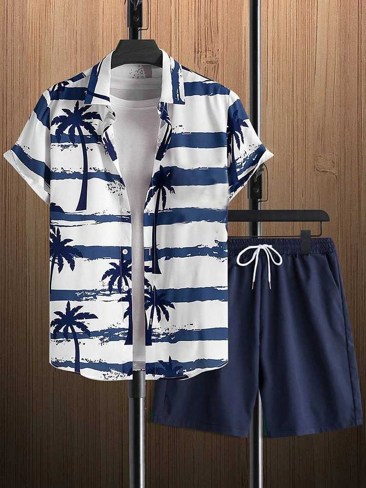 2025 New Hawaiian Print Short Sleeve Mens Shirt Summer Daily Mens Shorts Travel Vacation Casual Shirt And Beach Shorts Set W250609