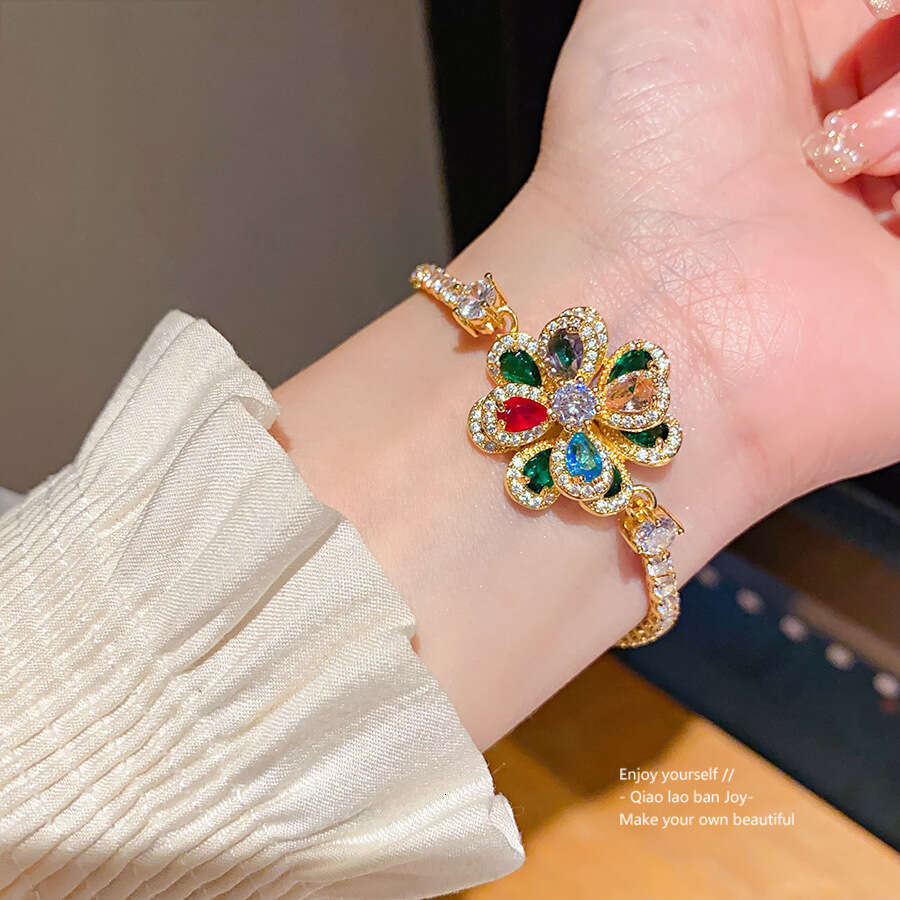 Real Gold Plated Zircon Flower Double Layer Color Light High-end Sense Bracelet Palace Style Fashion Jewelry