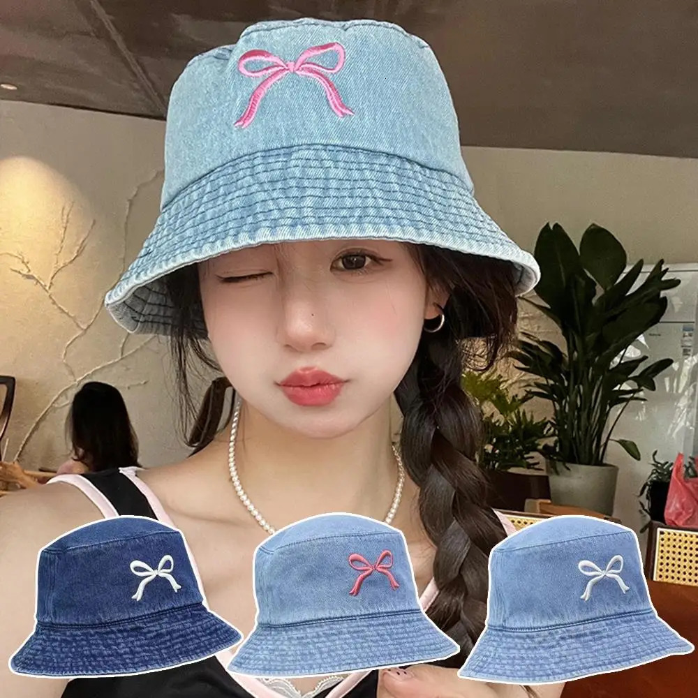 Summer Embroidery Bow Washed Denim Bucket Hat For Women Panama Hats Outdoor Fisherman Hat Beachside Sunscreen Visor Cap 250605