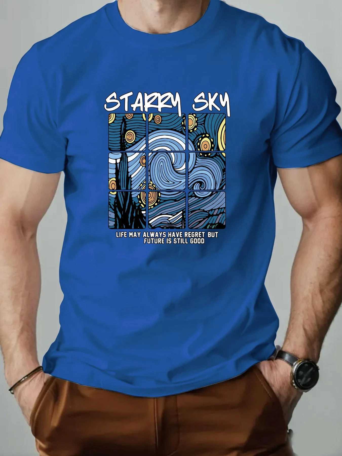 Mens T-Shirt 00% Cotton Oil Painting Pattern Print Summer Oversized Round Neck Breathable Casual Short Sleeve Fashion T Shirt W250607