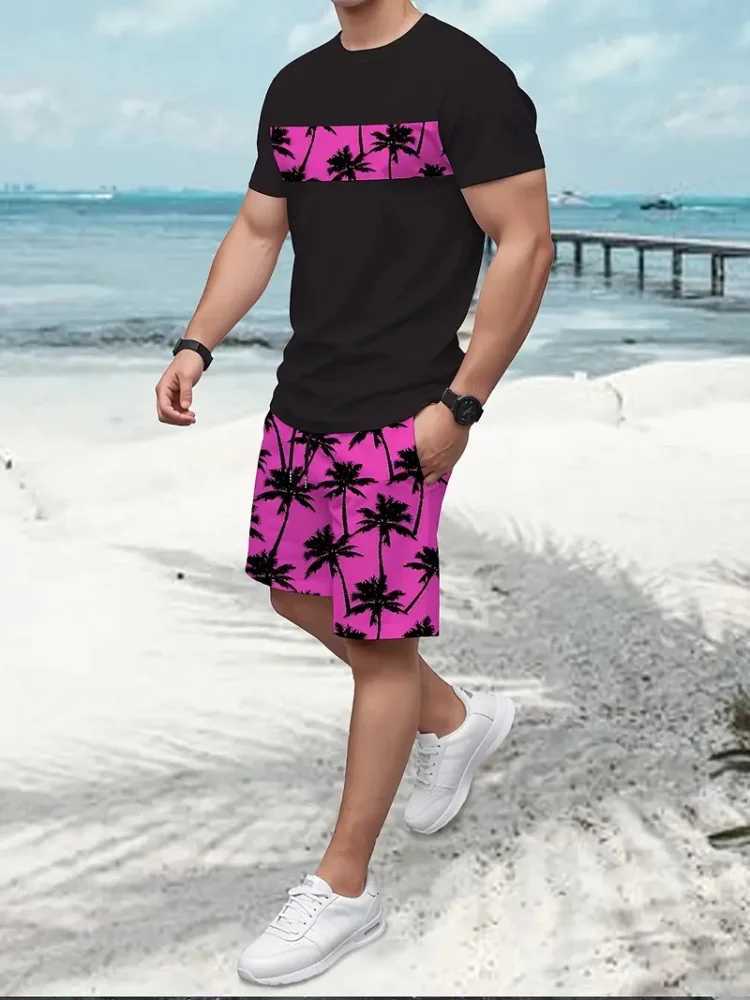 2025 New Mens Fashion Short Sleeve Set Coconut Tree Beach Print Gradient Color Summer Short Sleeve Shorts 2 Pieces Vacation W250609