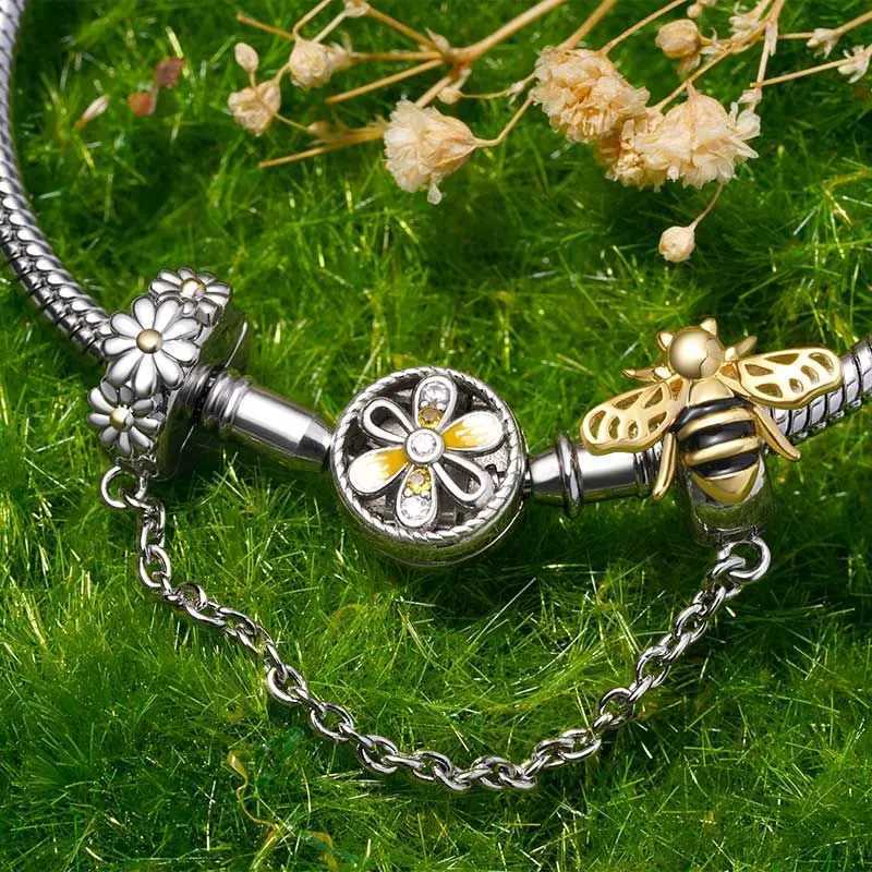 New 925 Silver Bees Flower Stars Safety Chain Charms Beads Fit Original Bracelet Accessories Safety Chain DIY Jewelry For Women XJ250607