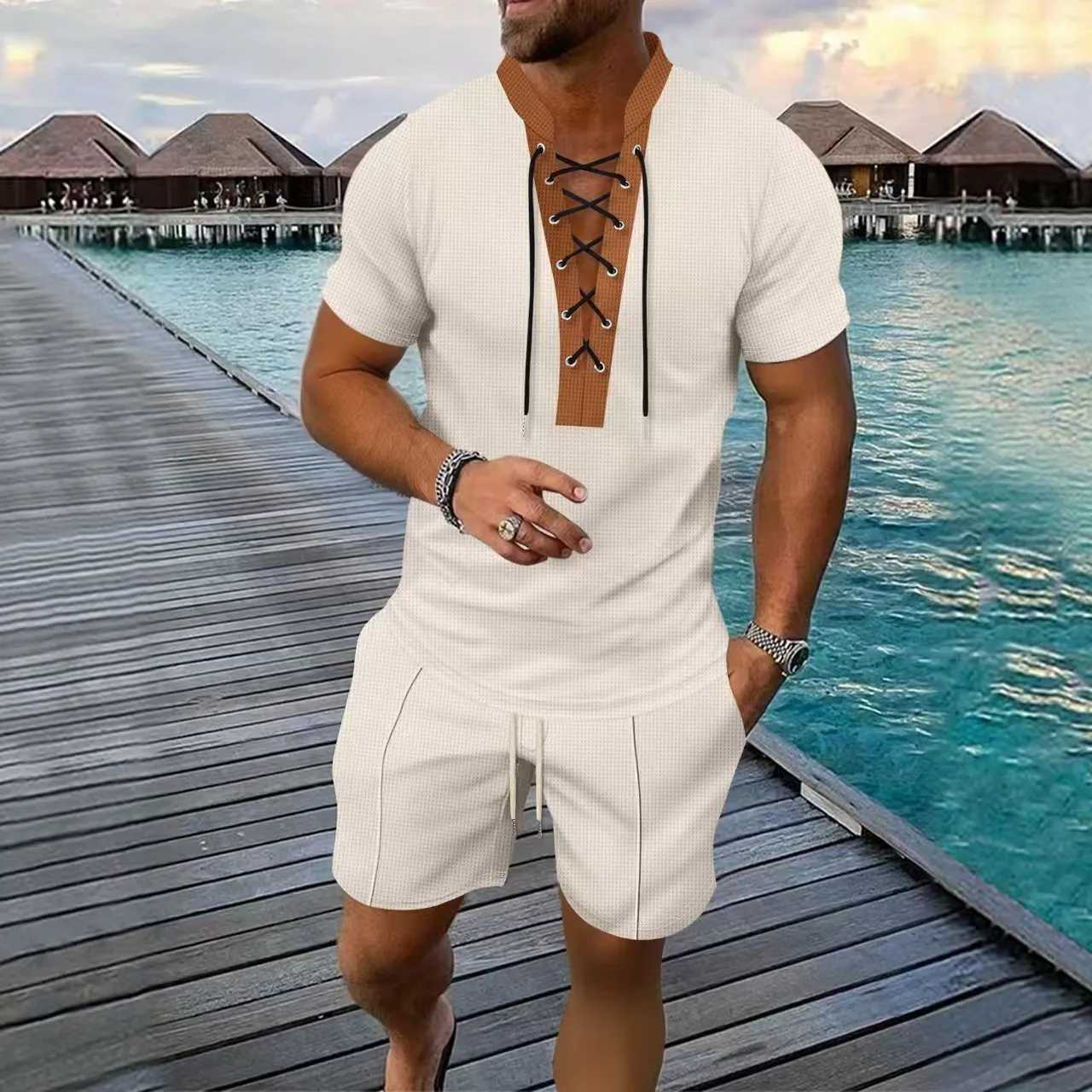 2025 Mens Summer New Casual and fashionable drawstring design T-shirt top Waffle two-piece Mens shorts set W250609