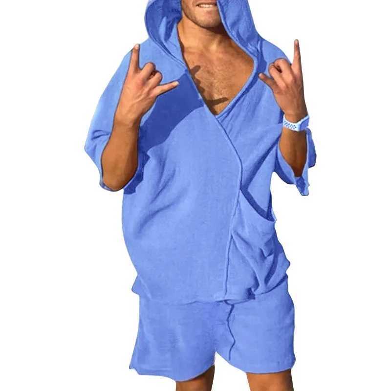 2025 new mens V-neck fashion short-sleeved shorts two-piece summer thin mens hooded beach leisure outdoor suit W250609