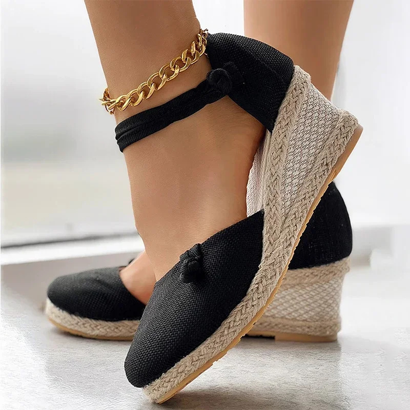 Sandals Women Braided Espadrille Knot Button Ankle Strap Wedge Sandals Linen Wedge Summer 6cm Heel Platform Espadrilles Shoes 250605