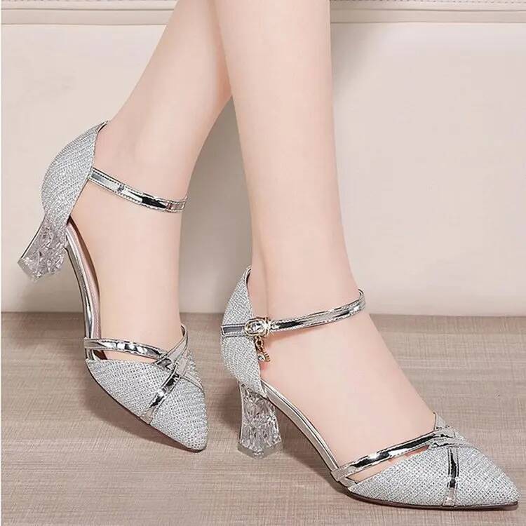 Ddmyoutdoor Gold Sandals High Heels Slip On Solid Sexy Ladies Quality Wedding Party Nightclub Sequin Buckle Shoes For Women Outdoor Shoes