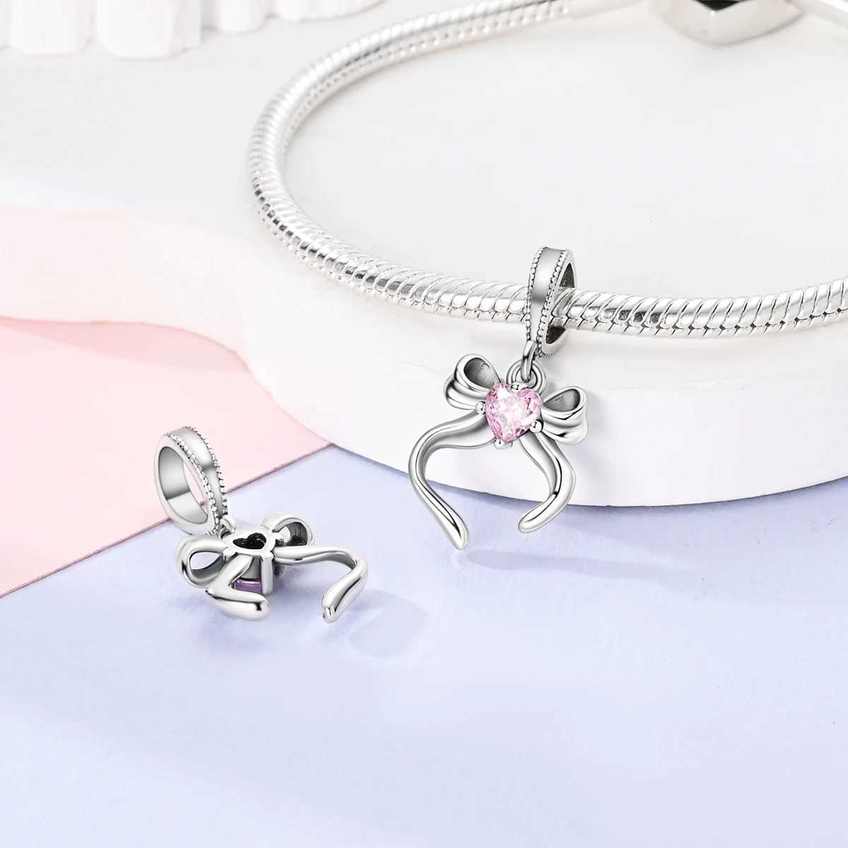 Original Charms 925 Silver Cross Pink Bow With Heart Zircon Pendants Fit Bracelet Making For Woman Fashion Jewelry GiftXJ250607