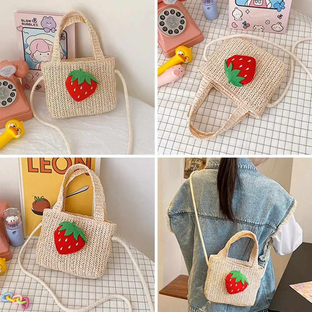 Handmade Woven Girl Straw Bag Summer Zipper Mesh Bow Crossbody Handbag Coin Purse Po Props Kid Beach Bags 250605