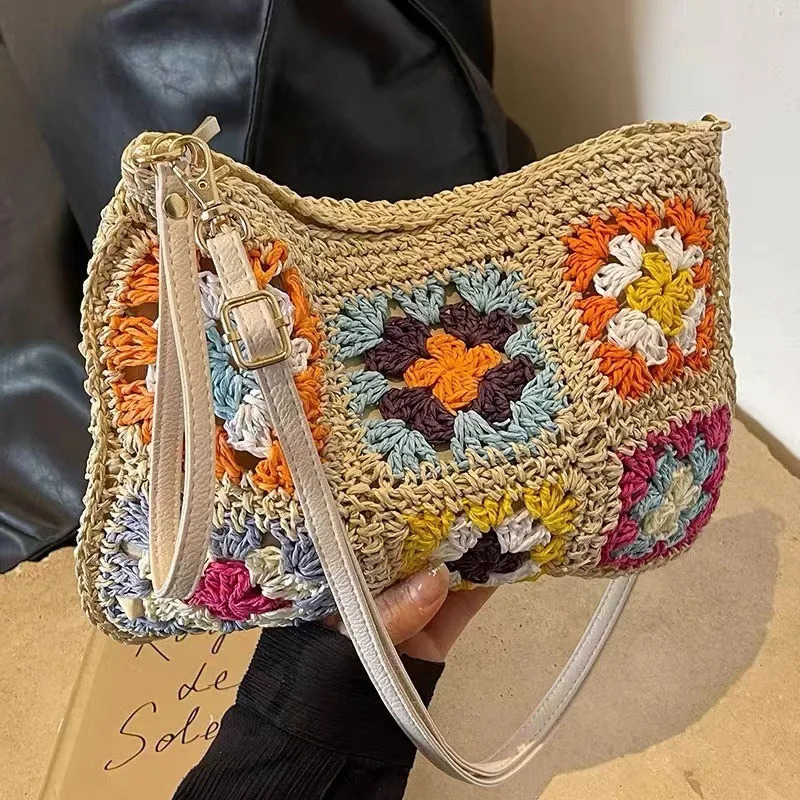 Summer Handmade Hook Retro Flower Crossbody Womens Bag Single Shoulder Paper Rope Crochet Flip Ethnic Style Handbag 250605