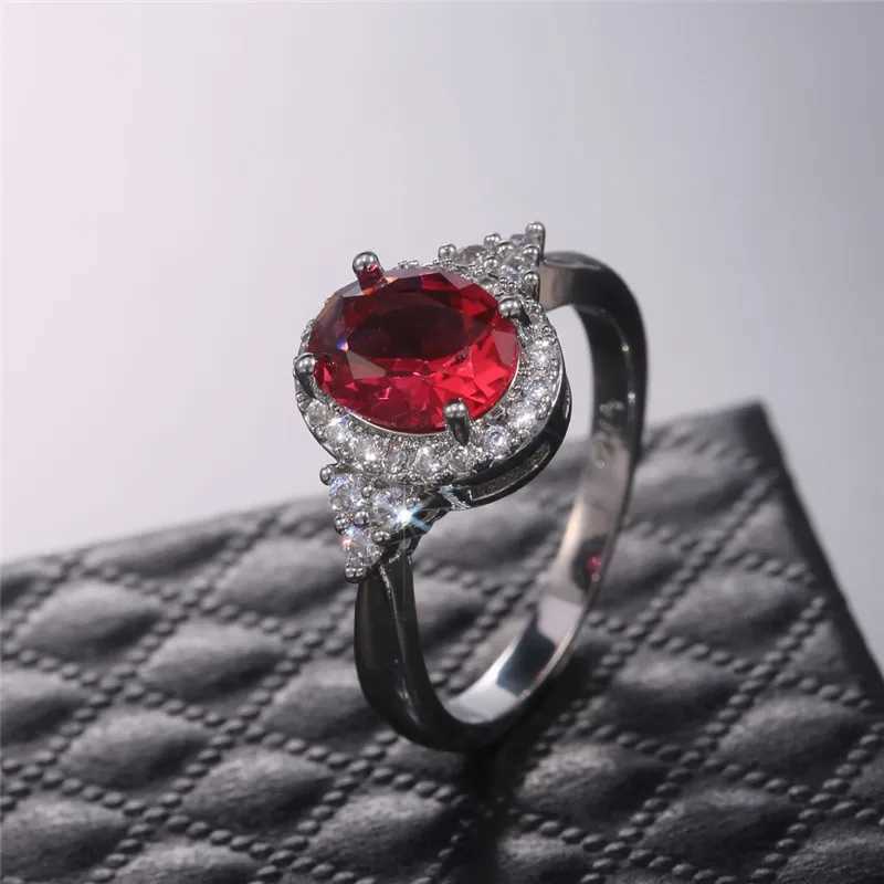 925 Sterling Silver Cubic Zirconia Rings for Women Romantic Oval Red Stone Engagement Wedding Ring Valentines Gift for Lover XJ250606