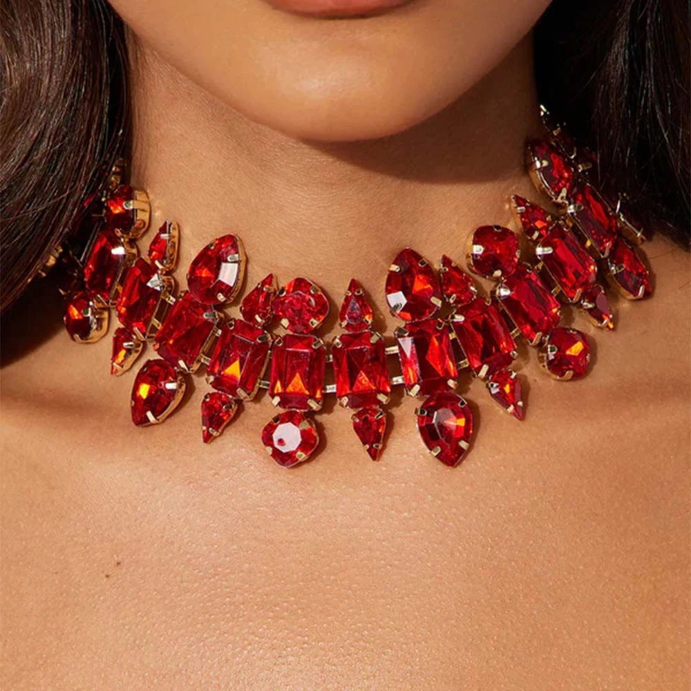 Stonefans Red Crystal Exaggerated Choker Necklace Drag Queen Accessories Fashion Geometric Rhinestone Collar Choker for Women 250606