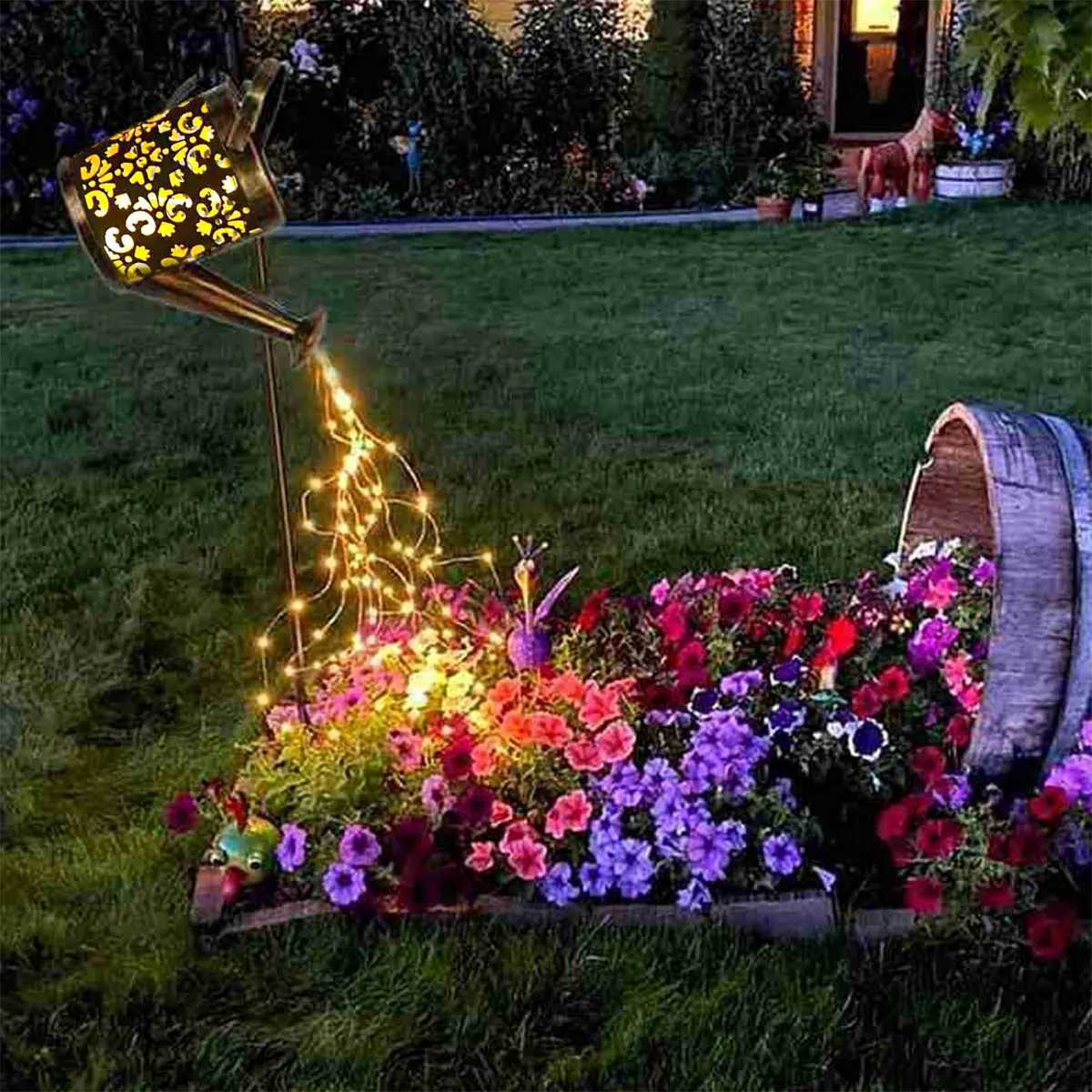 Solar Lanterns Watering Can Outdoor Watering Can Water Lawn Light 36LED Kettle String Light Iron Retro Garden Landscape Lights XJ250606