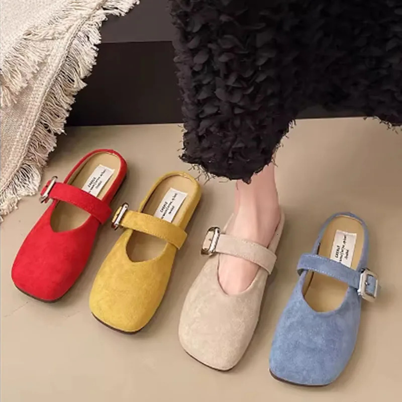 French Retro Baotou Half Slippers Female External Wear Summer Fashion Non-slip Flat Bottom Square Head Shallow Mouth Single Shoe 250603