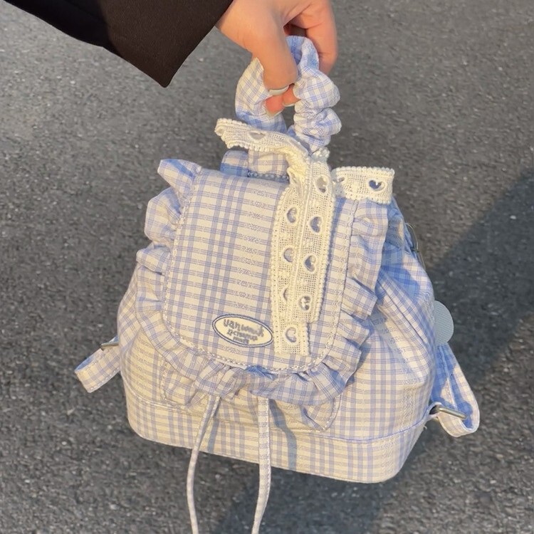 designer Korean Style Blue Lace Plaid Backpack for Women 2025 New Sweet Ruffle Edge Backpack College Style Commuter School Bag