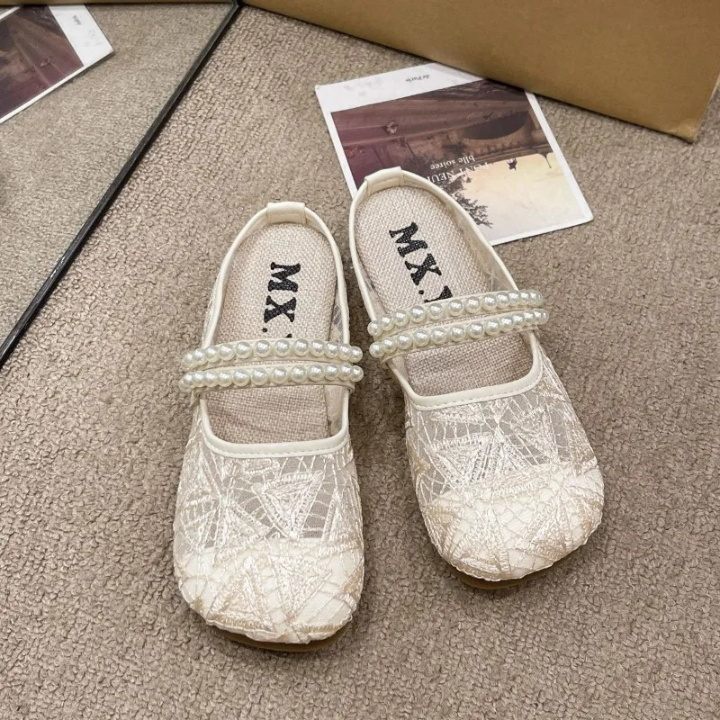 Chinese Style Baitou Half Drag Women Slippers with Pearl Flat Outside Slippers for Women 2025 Sweet Summer Female Shoes 250603