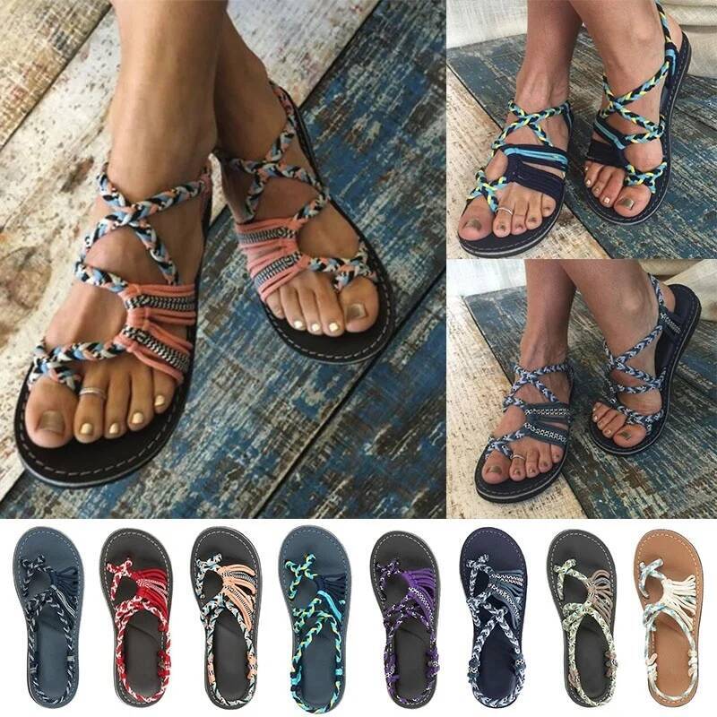 Ddmyoutdoor Roman Summer Explosion Color Matching Rope Knot Beach Toe Sandals Women Plus Size Tyu Outdoor Shoes