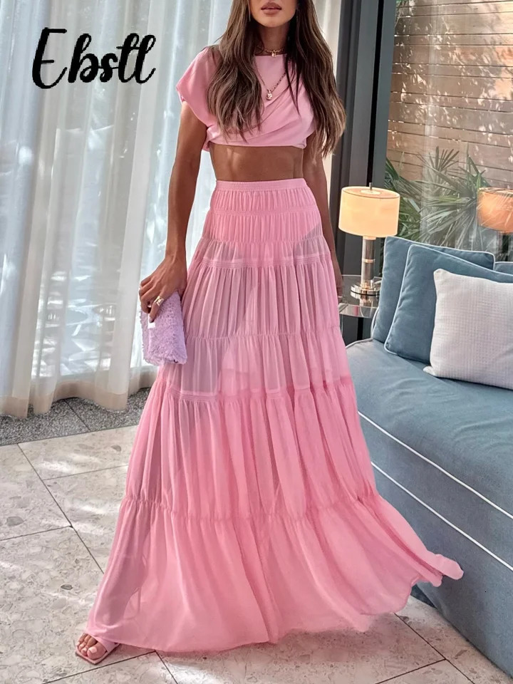 Solid Pleated Crop Top Skirts Suit Womens Elegant Pink Sleeveless Tops Elastic Waist Long Skirt 2025 Summer Ladies Outfit 250605