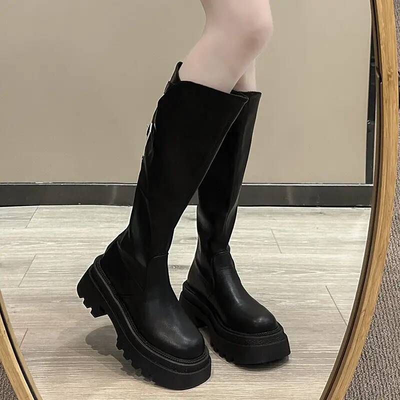 Ddmyoutdoor Women Platform Knee High Female Thick Bottom Wedge Heels Punk Boots Ladies Autumn Winter PU Leather Motorcycle Botas Mujer Outdoor Shoes