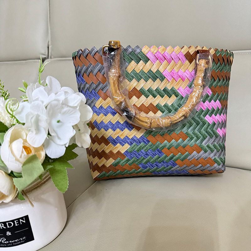 Factory Wholesale Colorful Imitation Rattan Woven Straw Bag Vintage Imitation Bamboo Handle Handmade Woven Bag Handbag Women's Bag