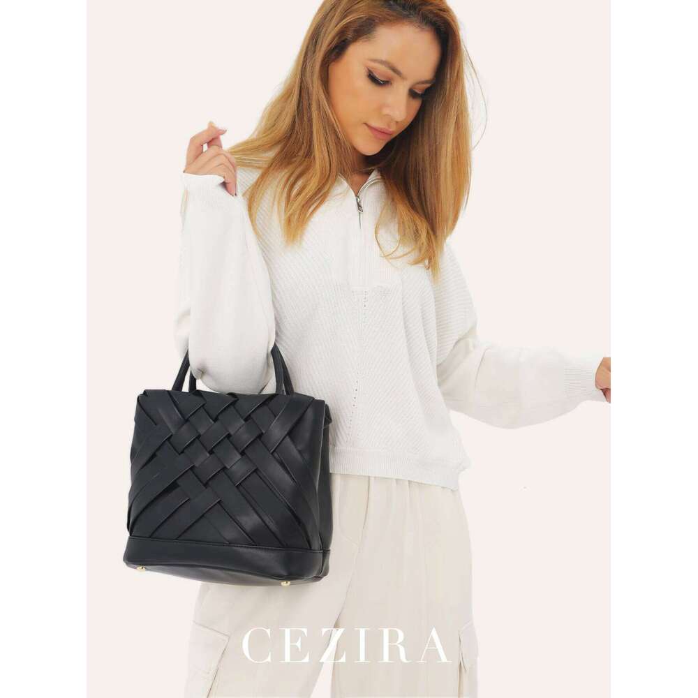 CEZIRA Handmade Woven Handbags For Women Fashion PU Vegan Leather Top-Handle Purse Tote Bucket Cross Body Bags Daily Sac