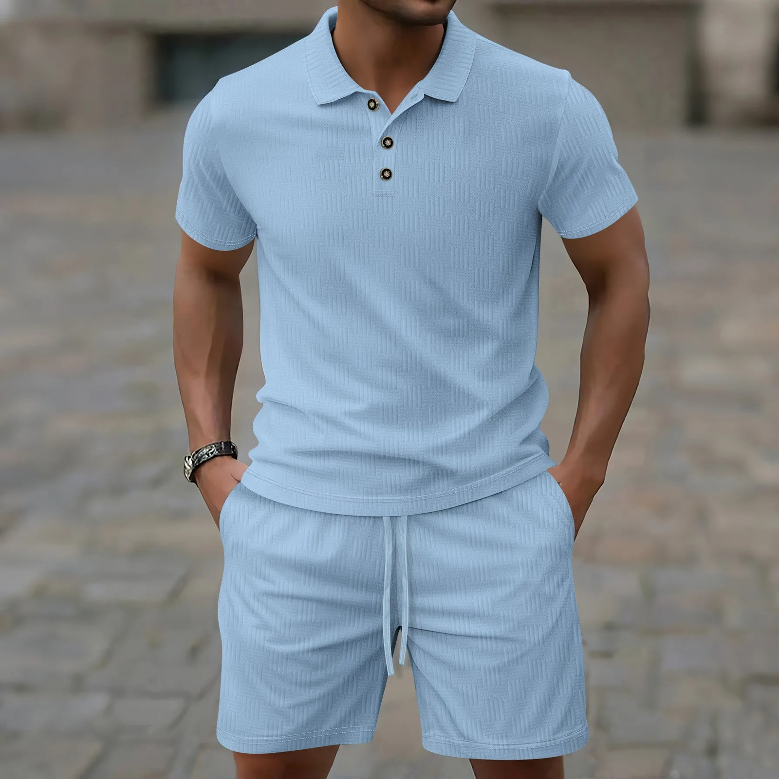 Summer mens suit Solid color threaded corduroy short sleeve lapel top jacquard polo shirt drawstring shorts mens suit 250605